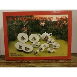 17-peice Christmas Porcelain Tea Set Tree Bear Complete New old stock miniature